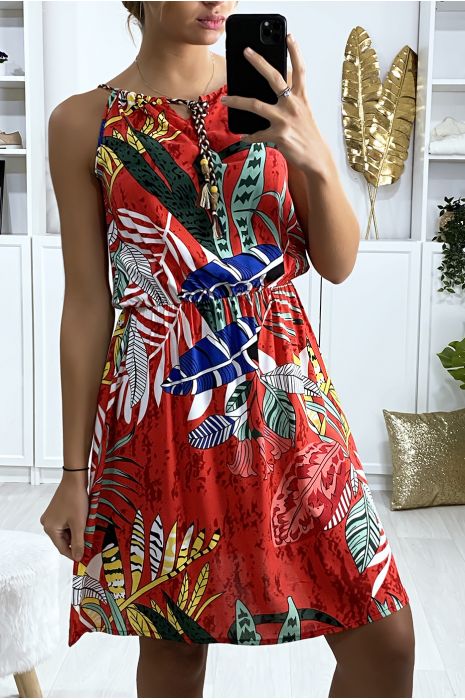 Robe tunique rouge motif feuille avec élastique à la taille - 4