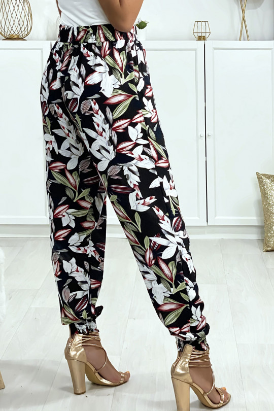 Navy floral pattern trousers, elastic at the ankles with pockets - 5