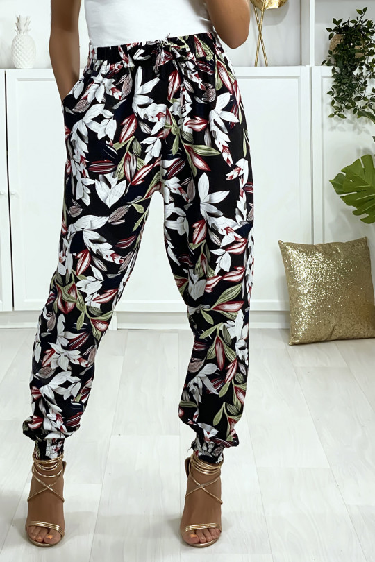 Navy floral pattern trousers, elastic at the ankles with pockets - 1