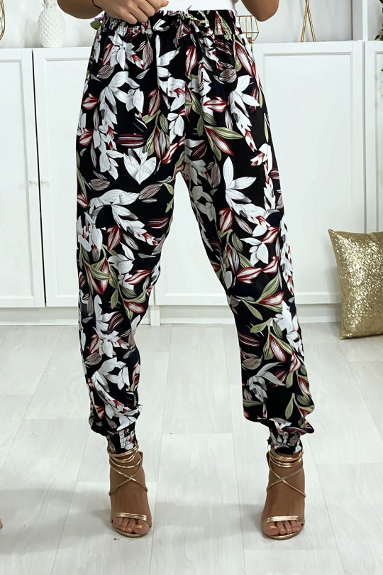 Navy floral pattern trousers, elastic at the ankles with pockets - 4