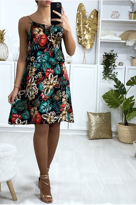 Robe noir motif feuille avec élastique à la taille - 3