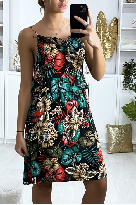 Robe noir motif feuille avec élastique à la taille - 4