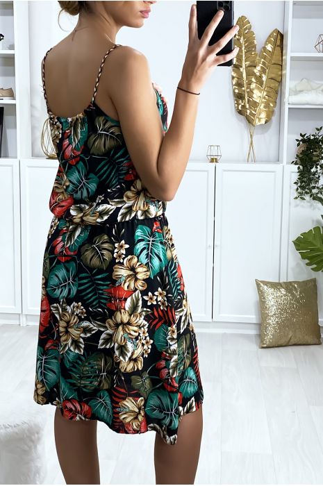 Robe noir motif feuille avec élastique à la taille - 5