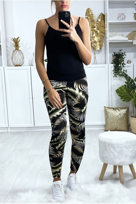 Leggings sport motif feuille noir et jaune - 1