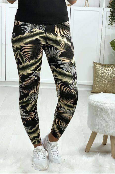 Leggings sport motif feuille noir et jaune - 2