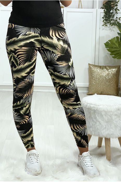 Leggings sport motif feuille noir et jaune - 3