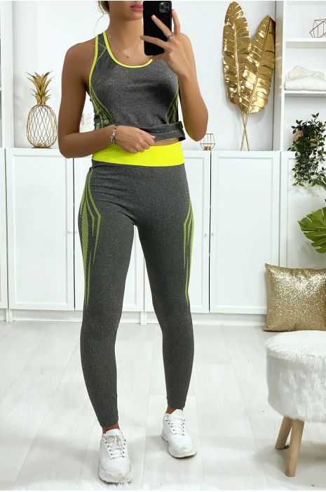 Ensemble legging et débardeur fitness gris et jaune - 2