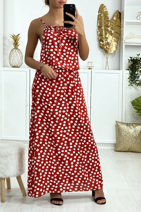 Longue robe rouge motif pois avec bretelle et élastique à la taille - 2