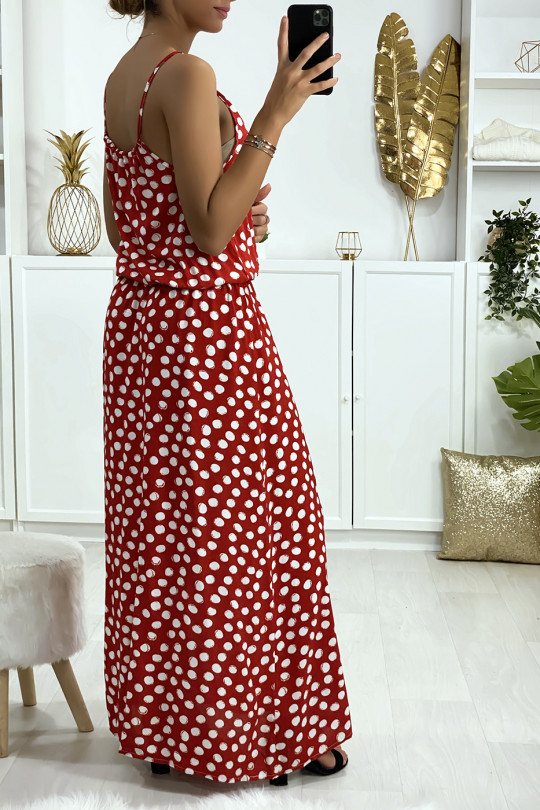 Longue robe rouge motif pois avec bretelle et élastique à la taille - 3