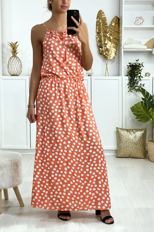 Long pink dress with polka dots pattern with strap and elastic at the waist - 2