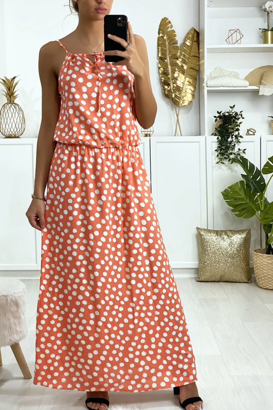 Long pink dress with polka dots pattern with strap and elastic at the waist - 1