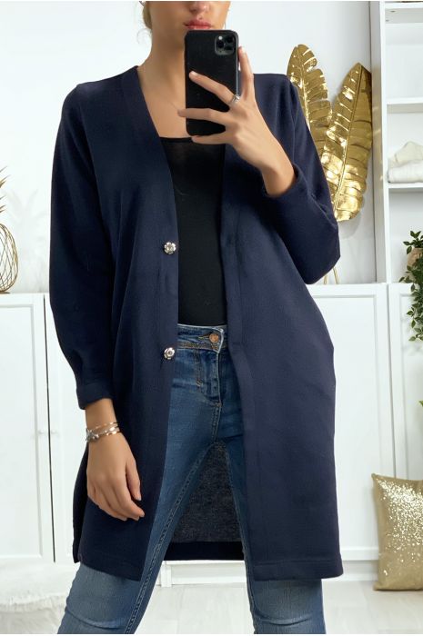 Gilet marine boutonné avec poches et dessin à l'arrière - 1