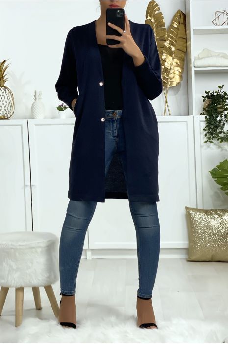 Gilet marine boutonné avec poches et dessin à l'arrière - 2