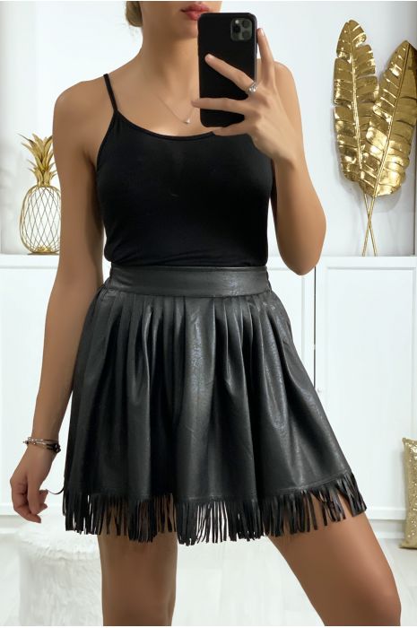 Black faux pleated front skirt with pockets - 1