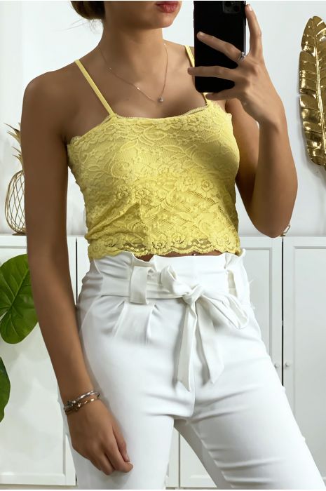 Lined yellow lace tank top with removable strap - 2