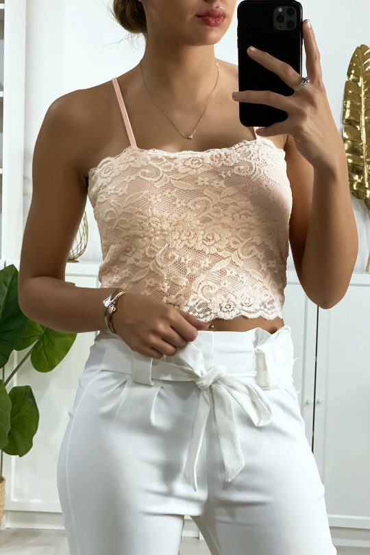 Lined pink lace tank top with removable strap - 1