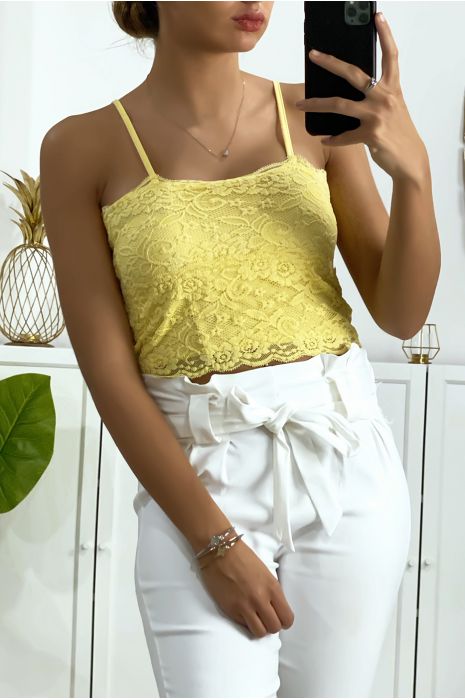 Lined yellow lace tank top with removable strap - 4