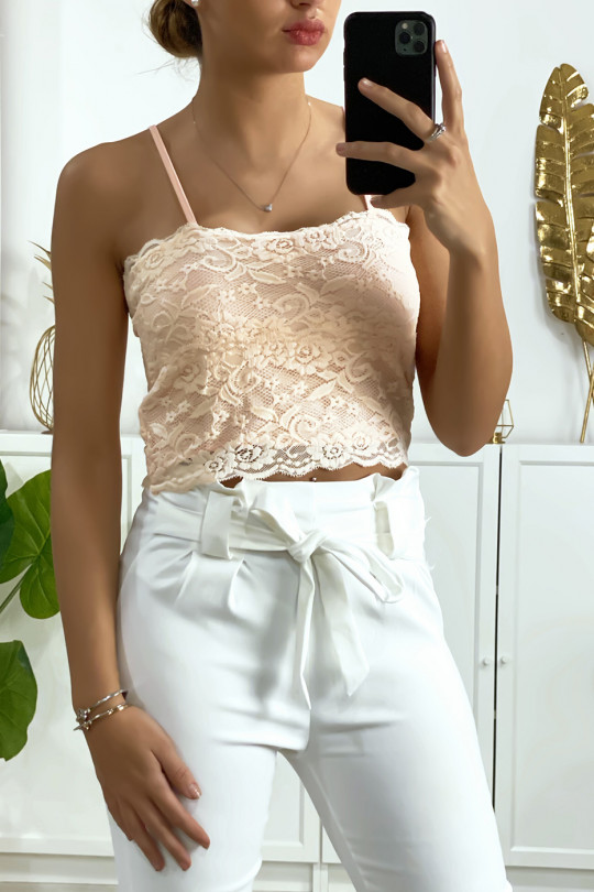 Lined pink lace tank top with removable strap - 2