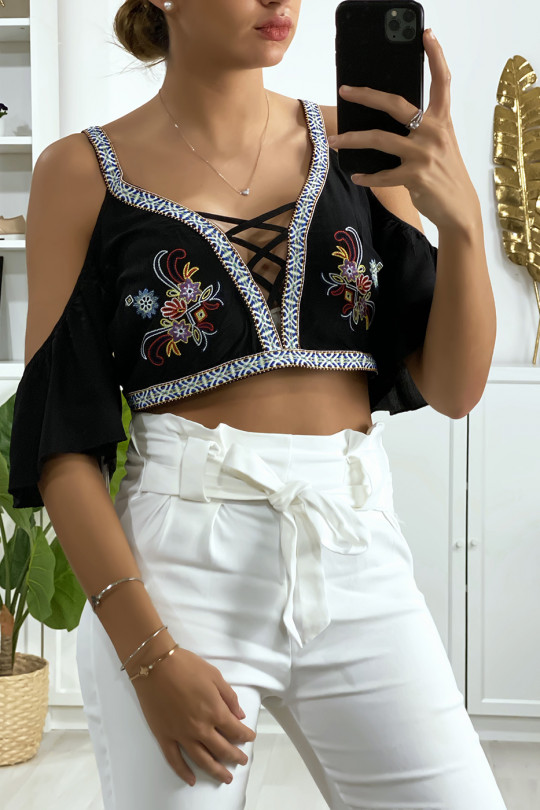 Black top off the shoulders backless with embroidery - 2