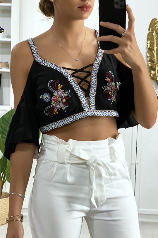 Black top off the shoulders backless with embroidery - 4
