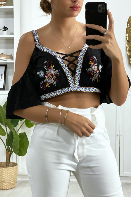 Black top off the shoulders backless with embroidery - 1