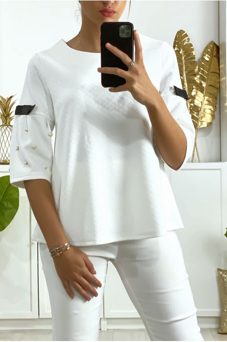 Blouse blanche manche 3/4 avec perle et ruban noir aux manches et au dos - 3