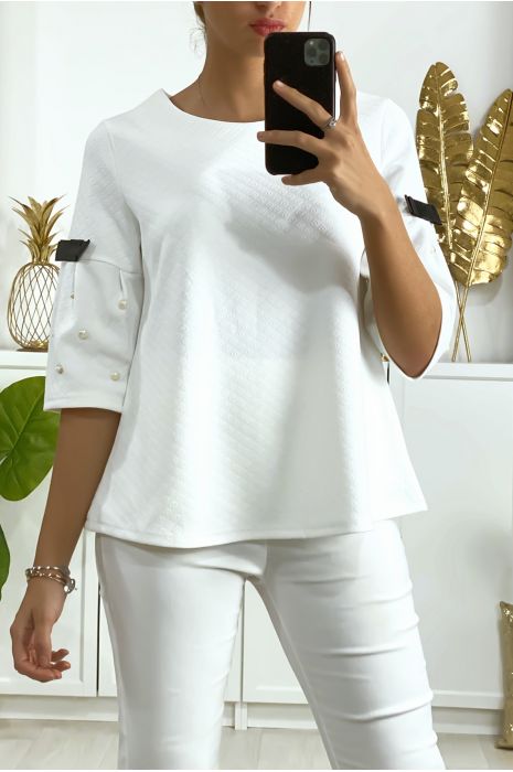Blouse blanche manche 3/4 avec perle et ruban noir aux manches et au dos - 1