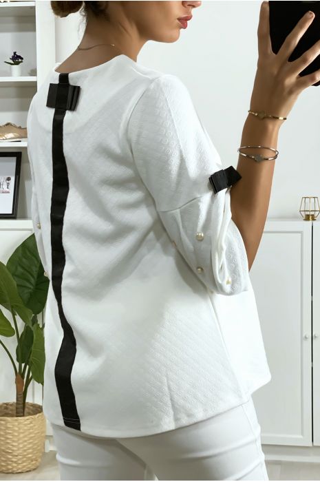 Blouse blanche manche 3/4 avec perle et ruban noir aux manches et au dos - 4