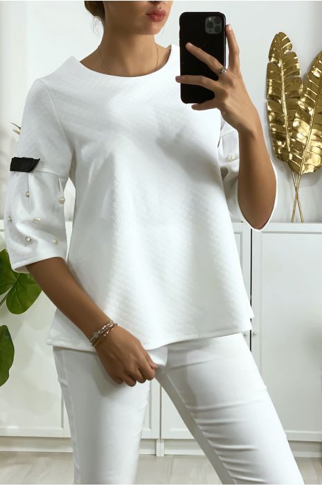 Blouse blanche manche 3/4 avec perle et ruban noir aux manches et au dos - 2