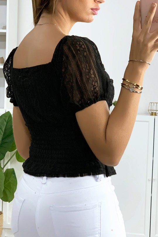 Black lace crop top with elastic at the waist - 4