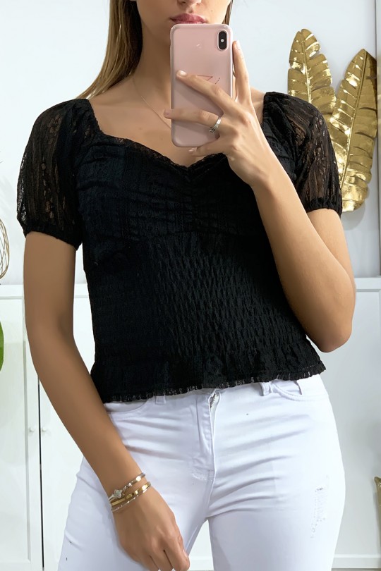 Black lace crop top with elastic at the waist - 2