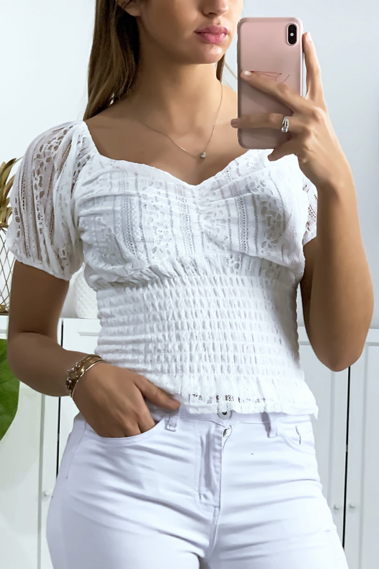 White lace crop top with elastic at the waist - 1