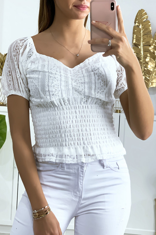 White lace crop top with elastic at the waist - 3