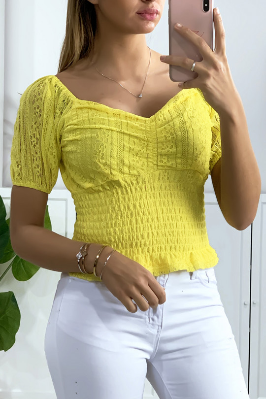 Yellow lace crop top with elastic at the waist - 2