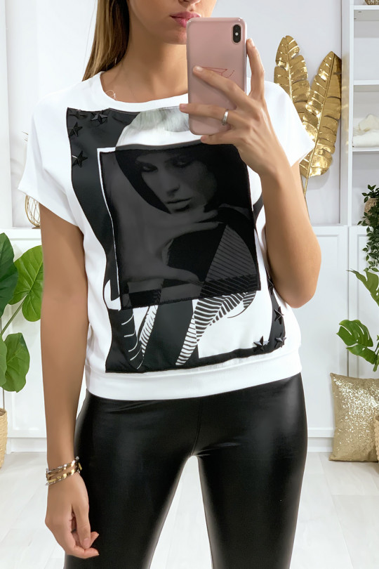 Kim pattern t-shirt with star rhinestones and veil on the face - 1