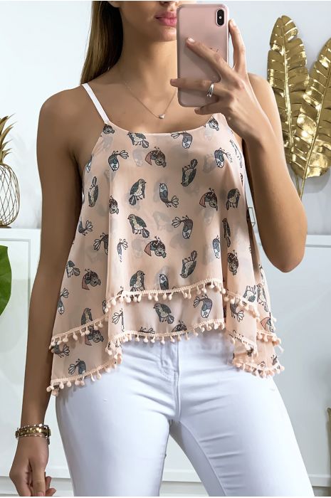 Roze tanktop met ruches, patroon en minipompon - 1