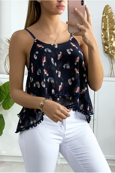 Navy ruffled tank top with pattern and mini pompom - 2