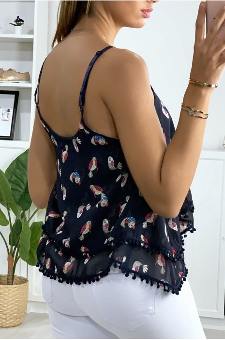 Marineblauwe tanktop met ruches, patroon en minipompon - 4