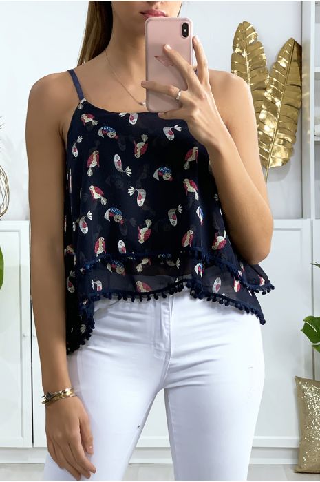 Navy ruffled tank top with pattern and mini pompom - 1