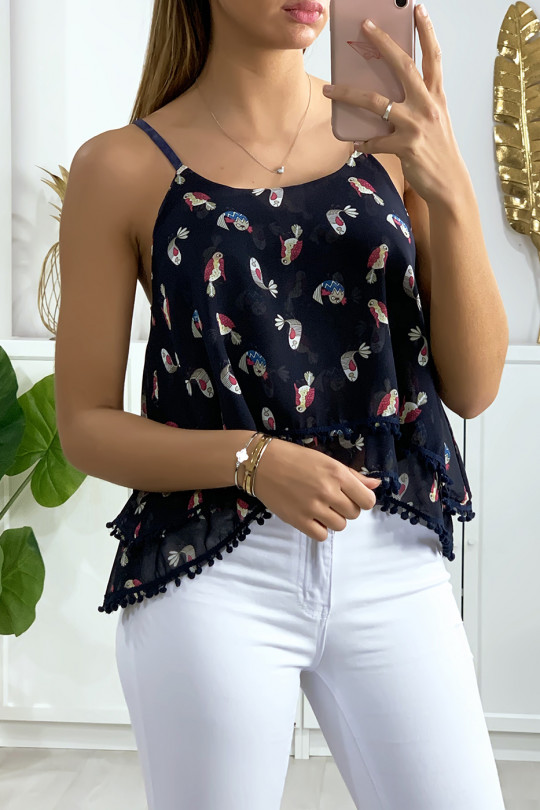 Navy ruffled tank top with pattern and mini pompom - 3