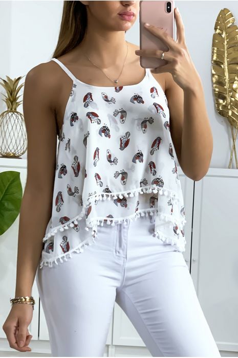 Witte tanktop met ruches, patroon en minipompon - 2