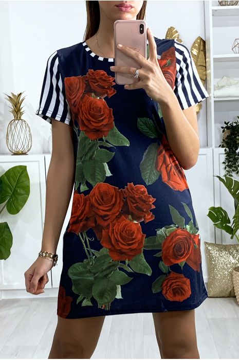 Gestreepte zeeman-gestreepte tuniekjurk met roze motief op de voorzijde - 3