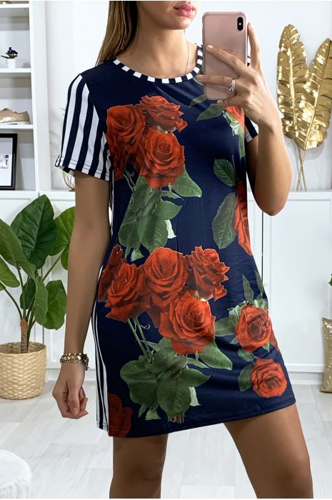 Gestreepte zeeman-gestreepte tuniekjurk met roze motief op de voorzijde - 4