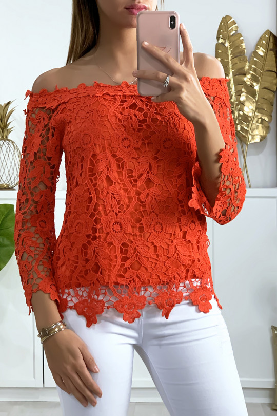 Red boat neck top in pretty lined lace - 1
