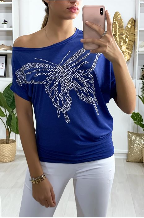 Tee-shirt trapèze royal avec motif papillon en strass - 3