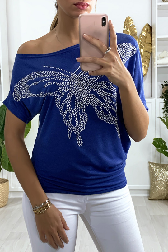 Tee-shirt trapèze royal avec motif papillon en strass - 2 Tee-shirt trapèze royal avec motif papillon en strass - 2