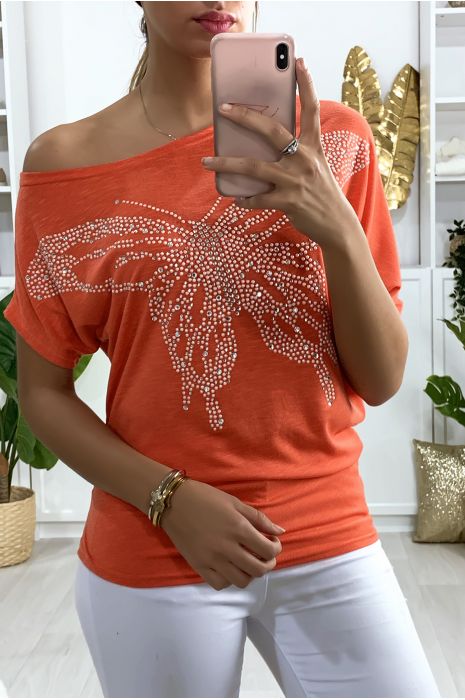 Tee-shirt trapèze rouge avec motif papillon en strass - 1