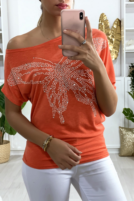 Tee-shirt trapèze rouge avec motif papillon en strass - 1
