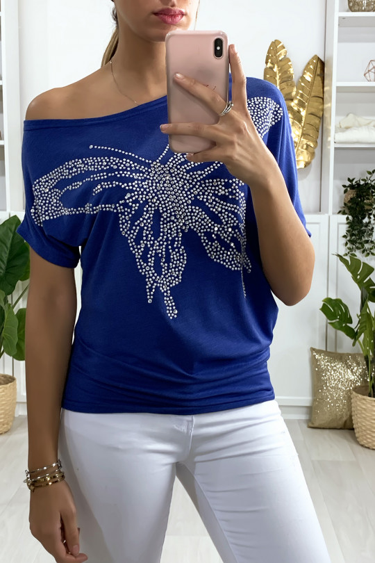 Tee-shirt trapèze royal avec motif papillon en strass - 1 Tee-shirt trapèze royal avec motif papillon en strass - 1