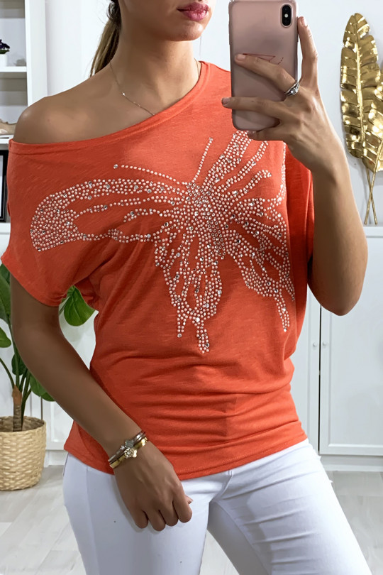 Tee-shirt trapèze rouge avec motif papillon en strass - 3